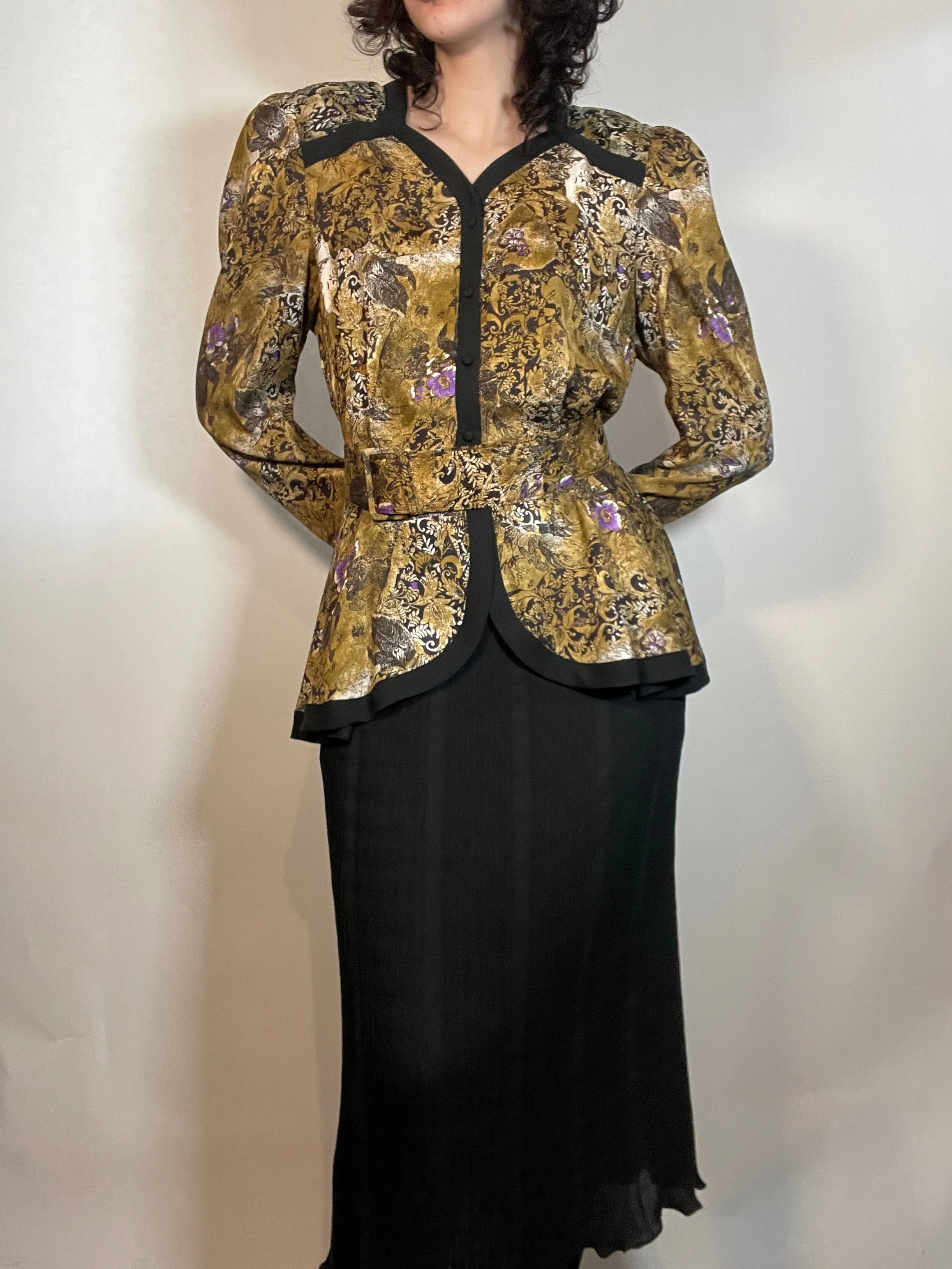 Vtg 80s DIANE FRES 2 piece suit/ Dress with Peplum Jacket & Skirt