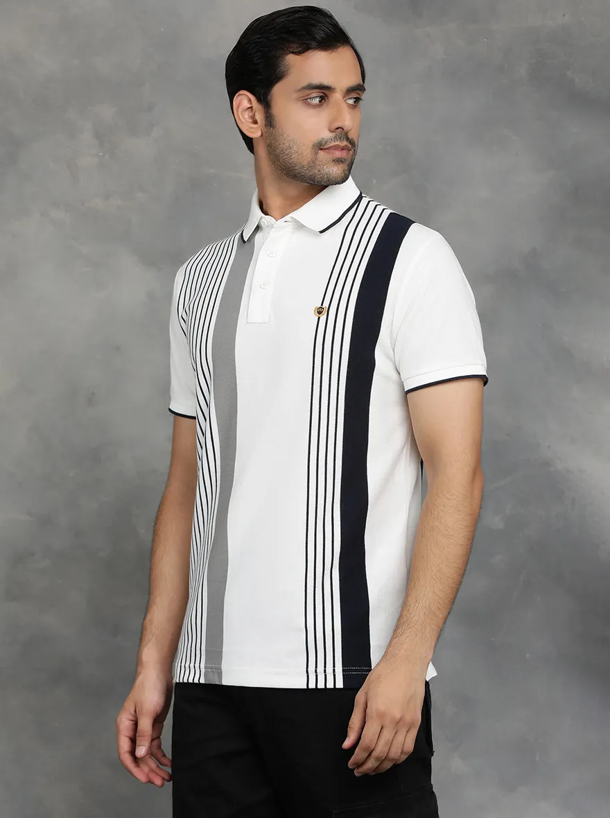 White Striped Slim Fit Polo T-Shirt | JadeBlue