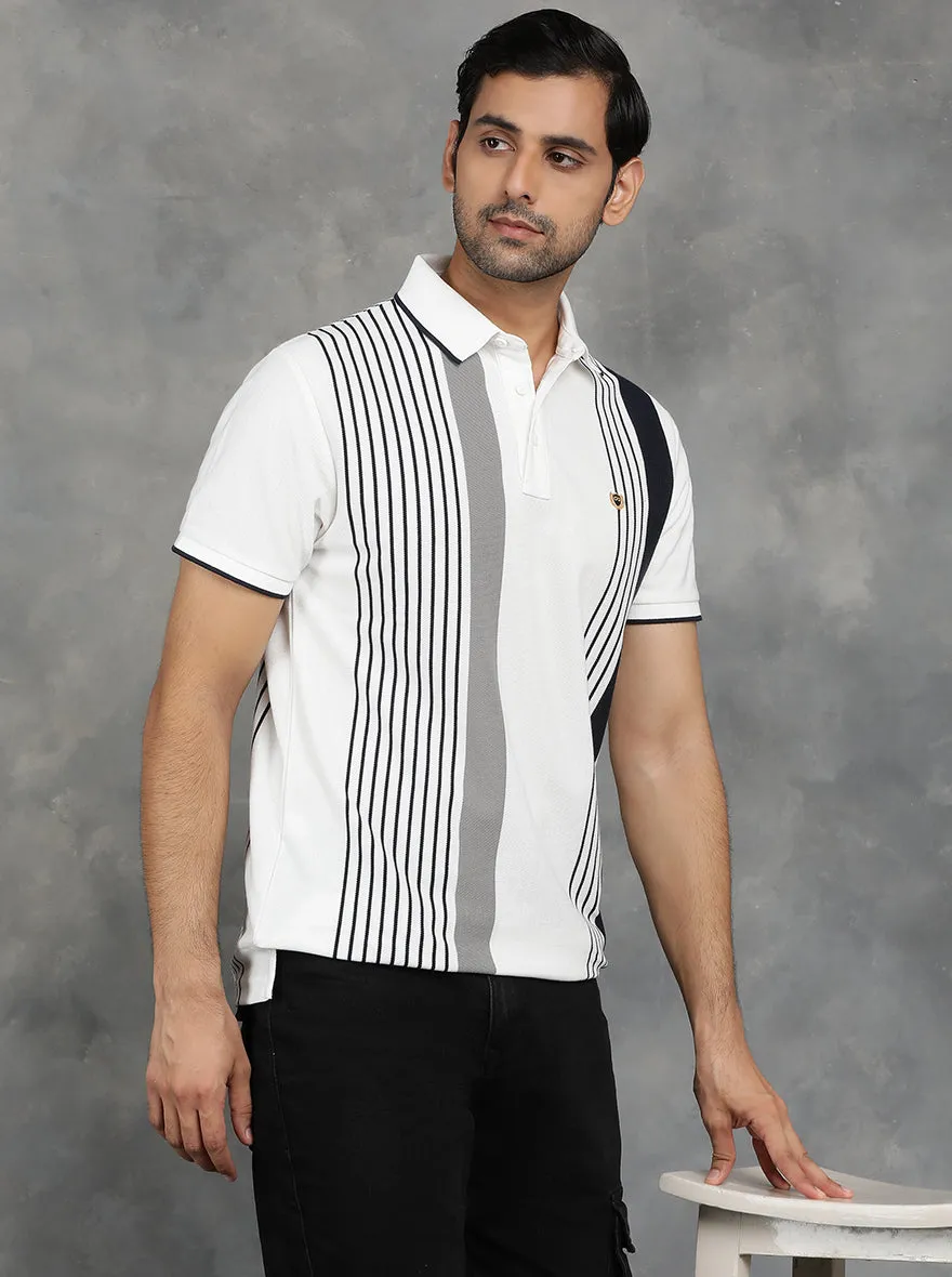White Striped Slim Fit Polo T-Shirt | JadeBlue