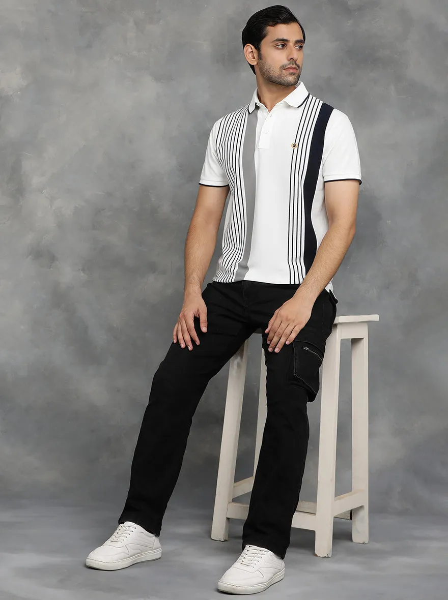 White Striped Slim Fit Polo T-Shirt | JadeBlue