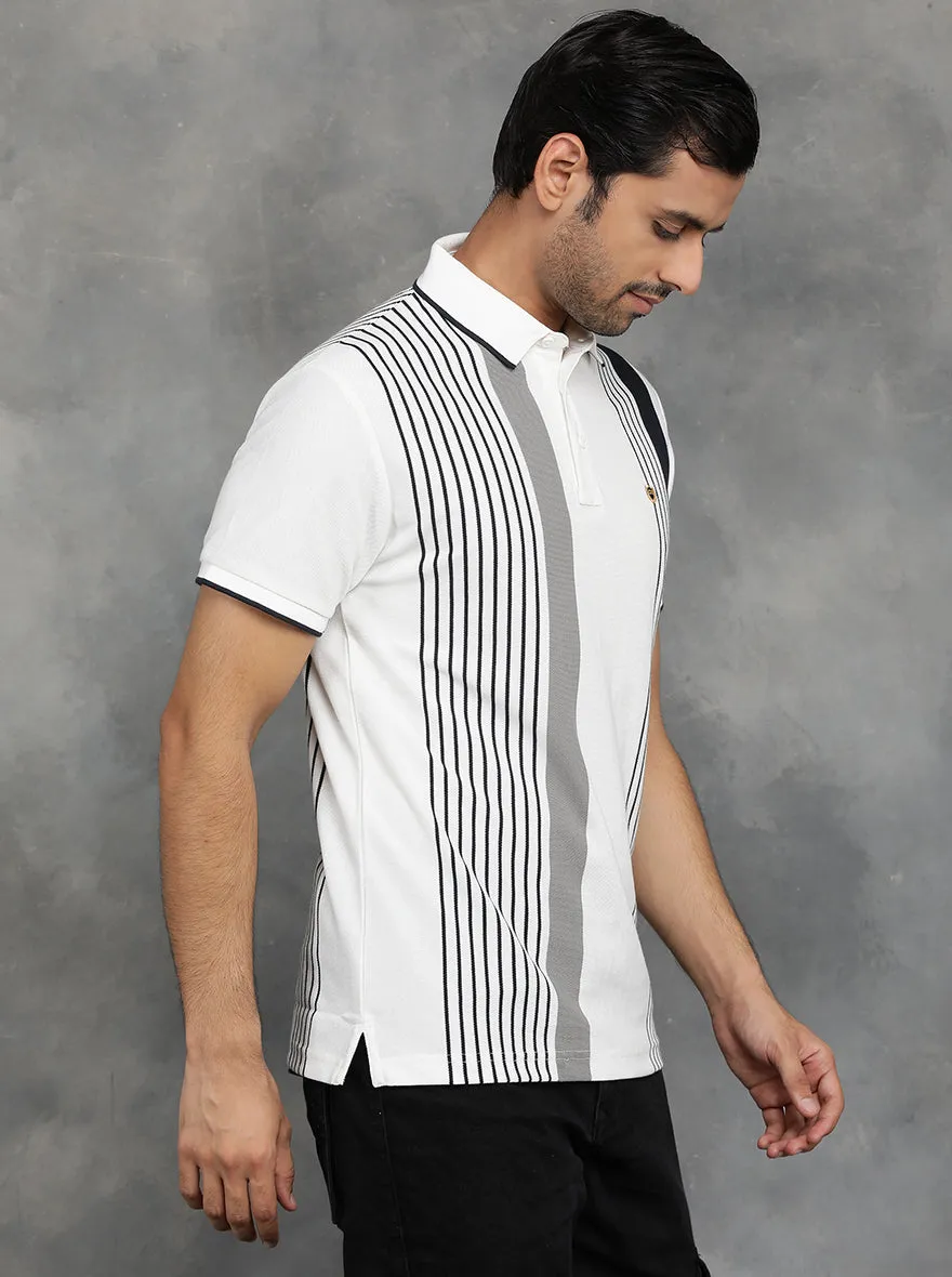 White Striped Slim Fit Polo T-Shirt | JadeBlue