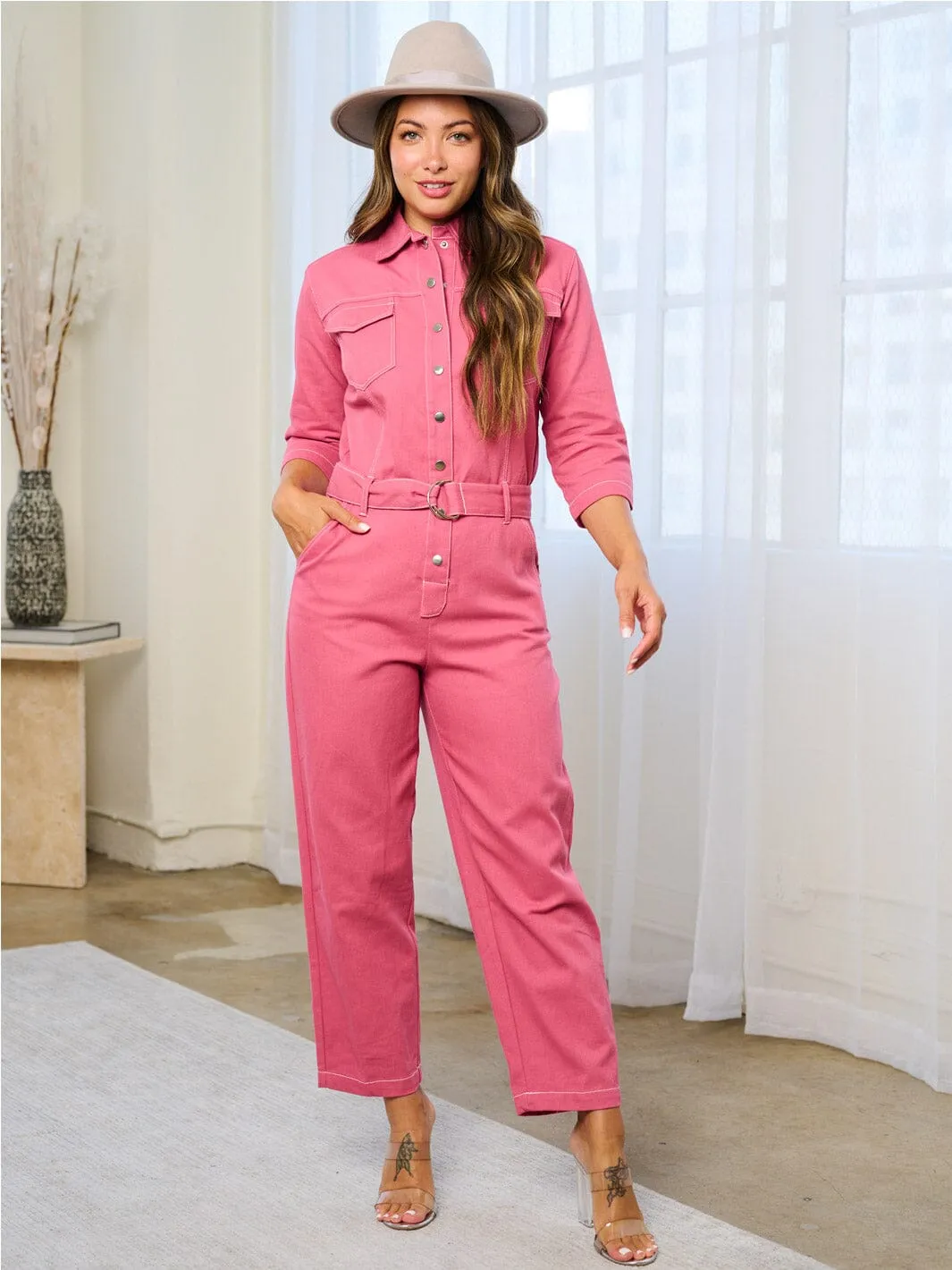 WOMEN'S 3/4 SLEEVES BUTTON UP POCKETS WIDE LEG DENIM JUMPSUIT