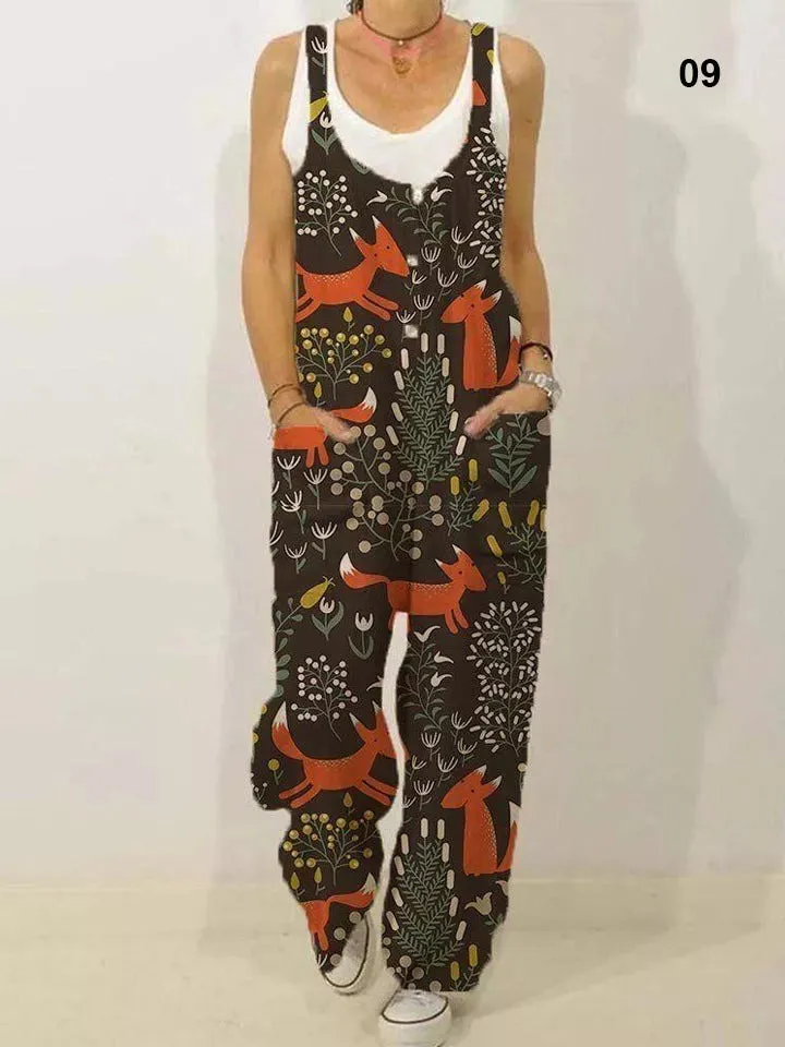 Women's Cute Allover Cartoon Animal Print Sleeveless Loose Jumpsuit