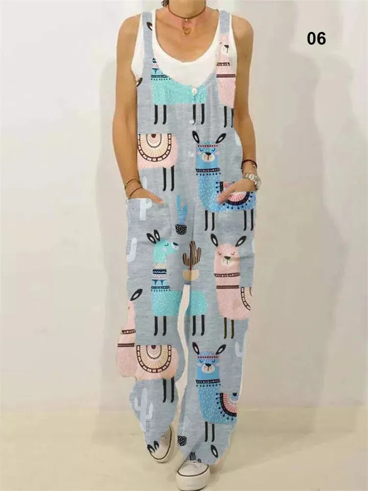 Women's Cute Allover Cartoon Animal Print Sleeveless Loose Jumpsuit