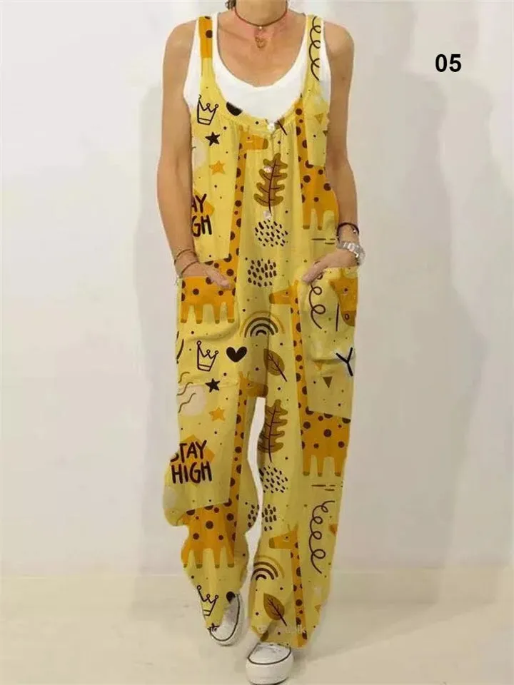 Women's Cute Allover Cartoon Animal Print Sleeveless Loose Jumpsuit
