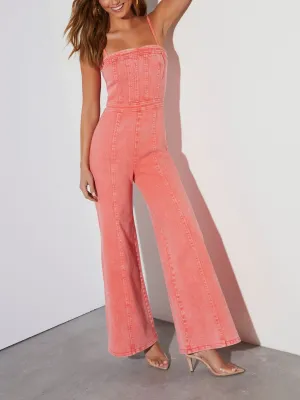 Women’s Denim Jumpsuit – Flared Legs – Corset Top – Zip Back – Statement Look