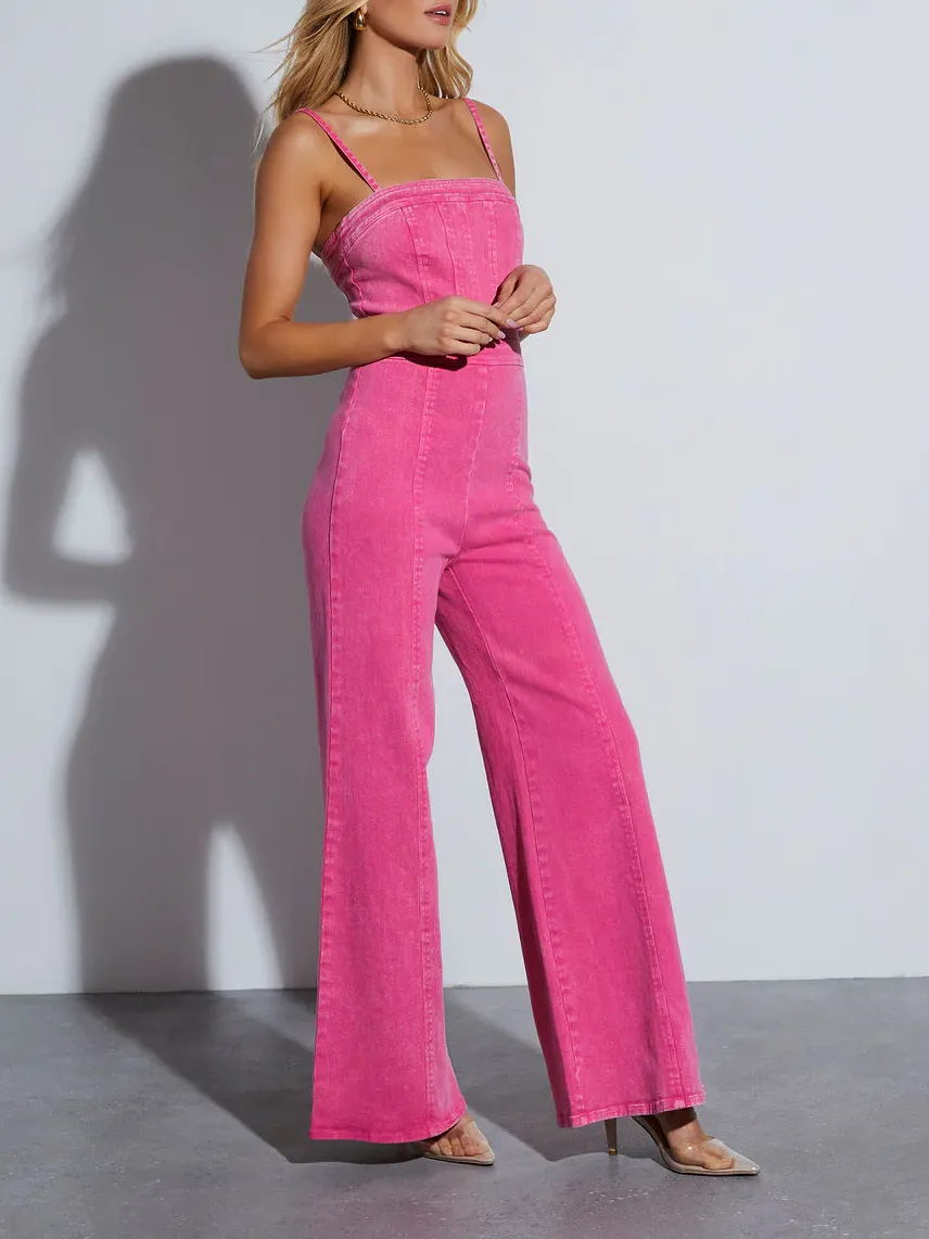 Women’s Denim Jumpsuit – Flared Legs – Corset Top – Zip Back – Statement Look