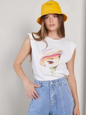 WOMEN'S PADDED SHOULDER GRAPHIC FLORAL BACK TOP