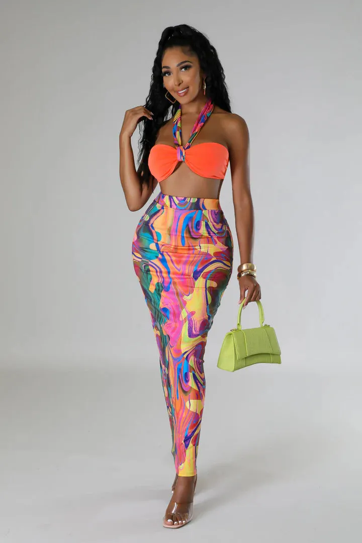 Women's Sensational Bikini Halter Top High Waisted Multi-Color Maxi Skirt Set