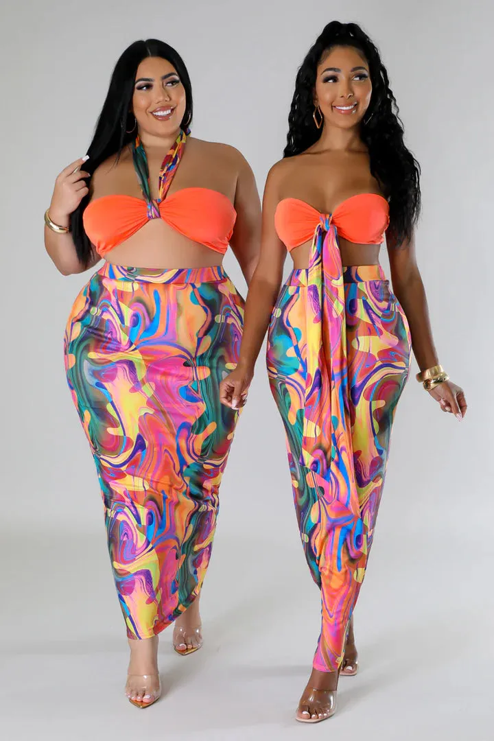 Women's Sensational Bikini Halter Top High Waisted Multi-Color Maxi Skirt Set
