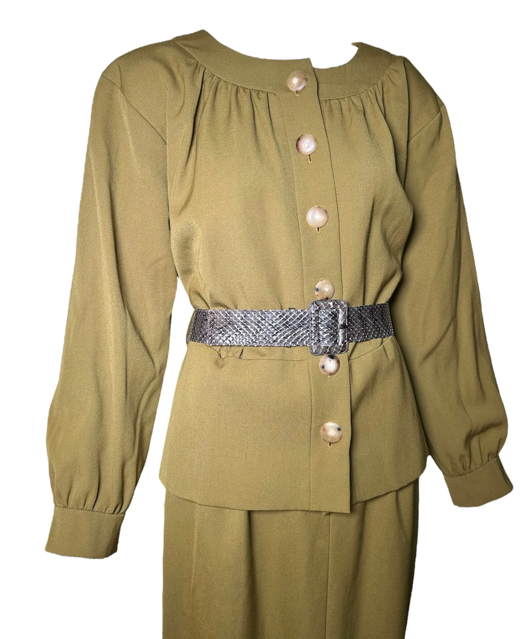 Yves Saint Laurent Haute Couture 1980's Olive Green Khaki Ensemble with Lizard Belt