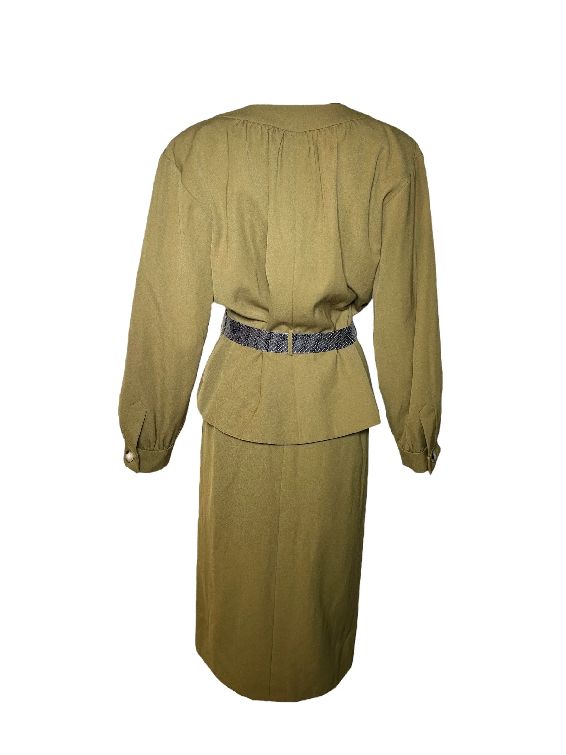 Yves Saint Laurent Haute Couture 1980's Olive Green Khaki Ensemble with Lizard Belt