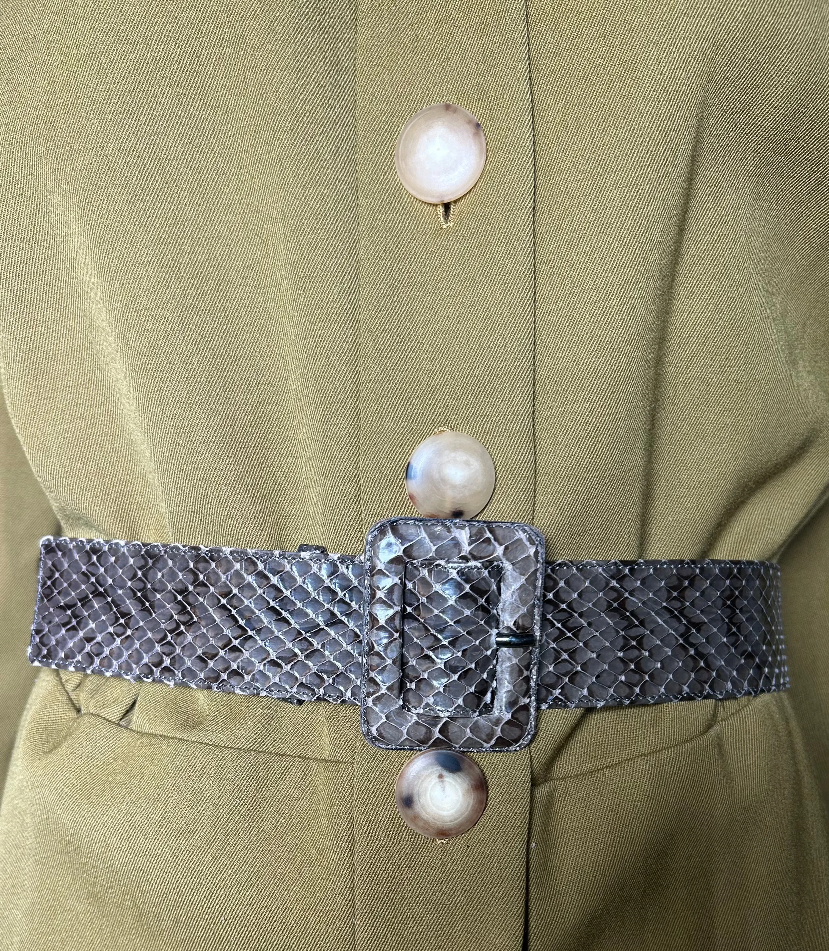 Yves Saint Laurent Haute Couture 1980's Olive Green Khaki Ensemble with Lizard Belt