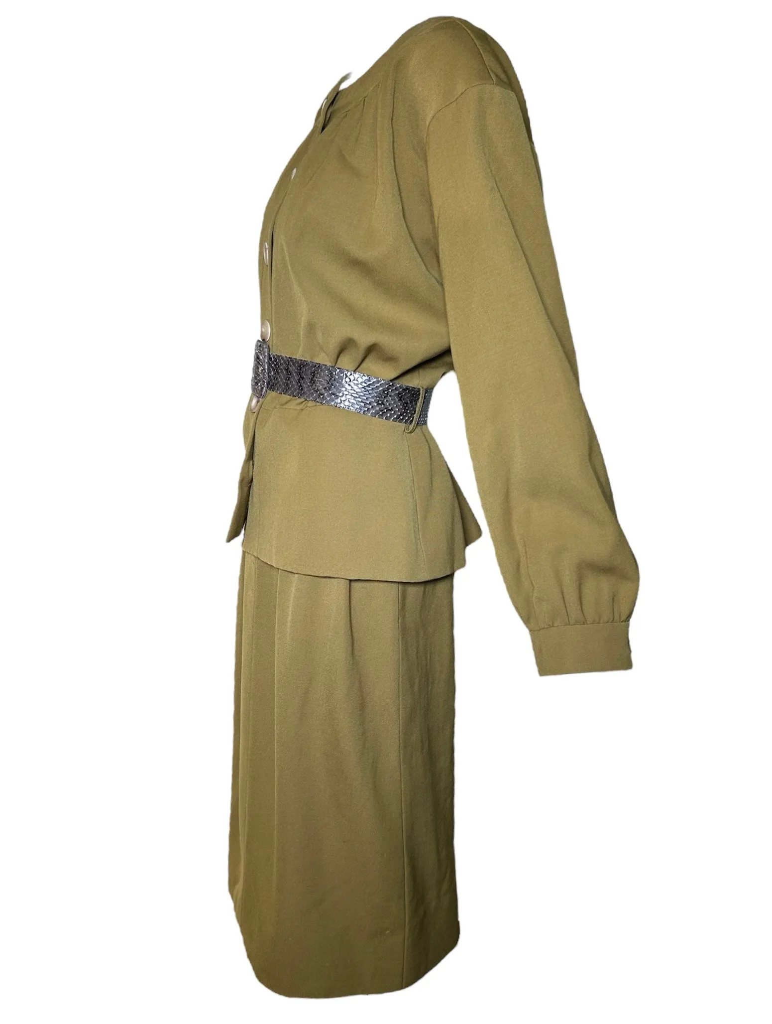 Yves Saint Laurent Haute Couture 1980's Olive Green Khaki Ensemble with Lizard Belt
