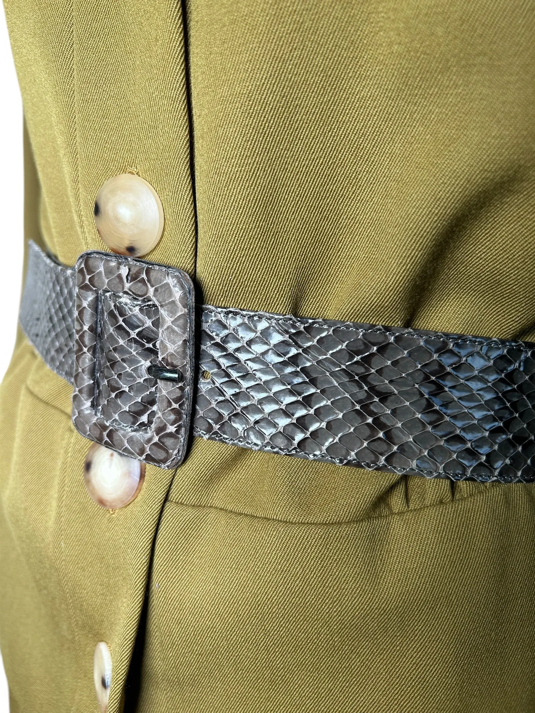 Yves Saint Laurent Haute Couture 1980's Olive Green Khaki Ensemble with Lizard Belt