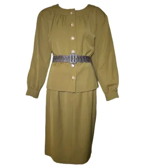 Yves Saint Laurent Haute Couture 1980's Olive Green Khaki Ensemble with Lizard Belt